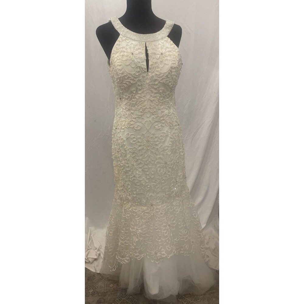 Elizabeth K GLS White Mermaid wedding Gown Hand beaded XL Prom Formal